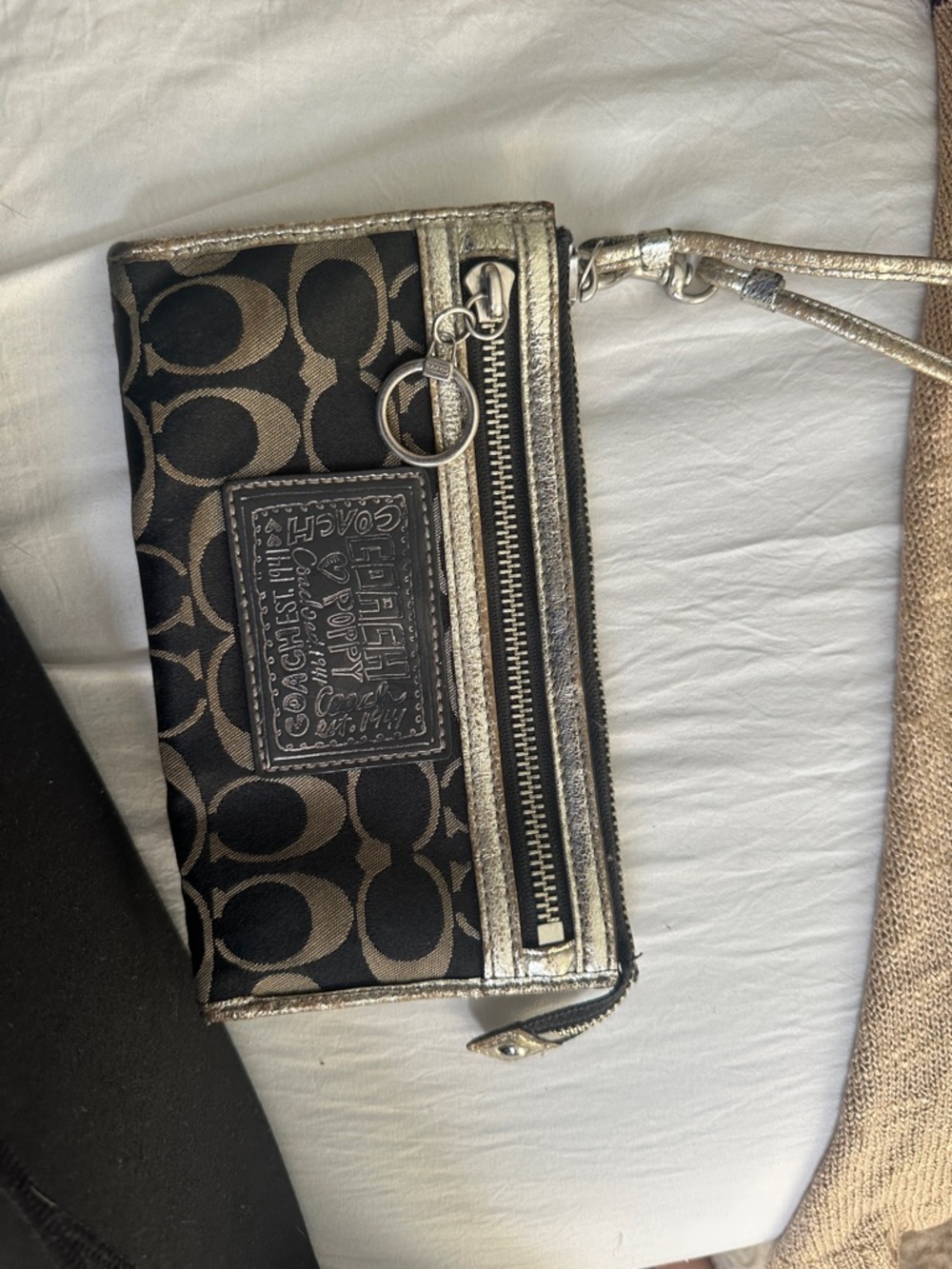 Coach Black and Metallic Gold Signature Wristlet